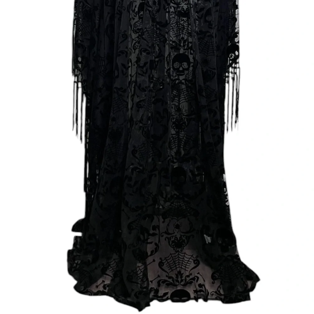 NWT Unique Vintage Sz 2X Whimsigoth Skull Bat Burnout Fringe Sheer Caftan Dress - Picture 4 of 11